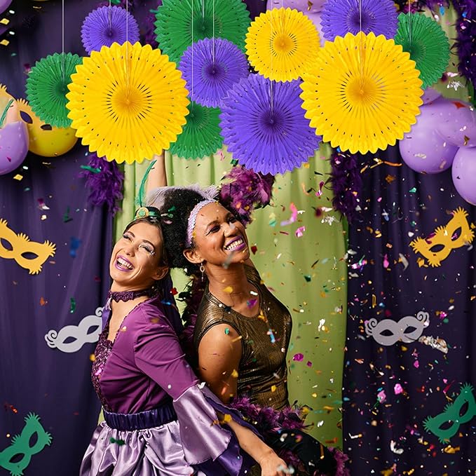 18 Pcs Mardi Gras Hanging Paper Fan, Hanging Honeycomb Round Paper Fans for Weddings, Birthdays, Christmas, Baby Showers, Classroom, Events Ceiling Party Supplies Decorations