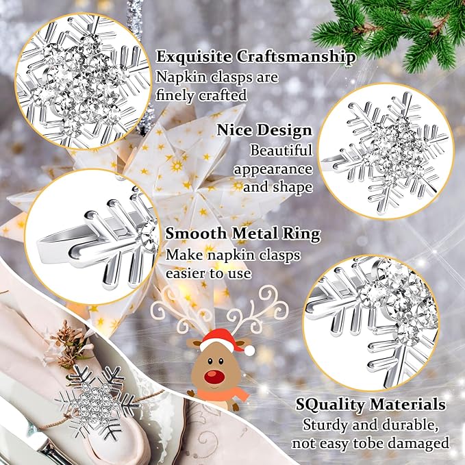 Halatool Christmas Silver Snowflake Napkin Rings Set of 6, Dinner Table Napkin Holder for Christmas Thanksgiving Winter Holiday Place Setting, Weddings, Party Table Decoration