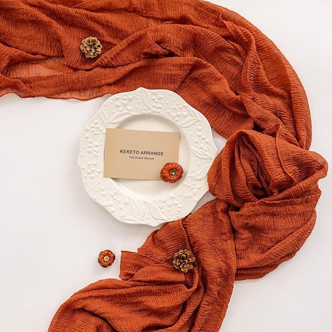6pcs Fall Terracotta Table Runner Rust Gauze Rustic Cheesecloth 120 Inch 10 FT for Wedding Baby Shower Bridal Shower Birthday Engagement Garden Party Sheer Boho Thanksgiving Decorations
