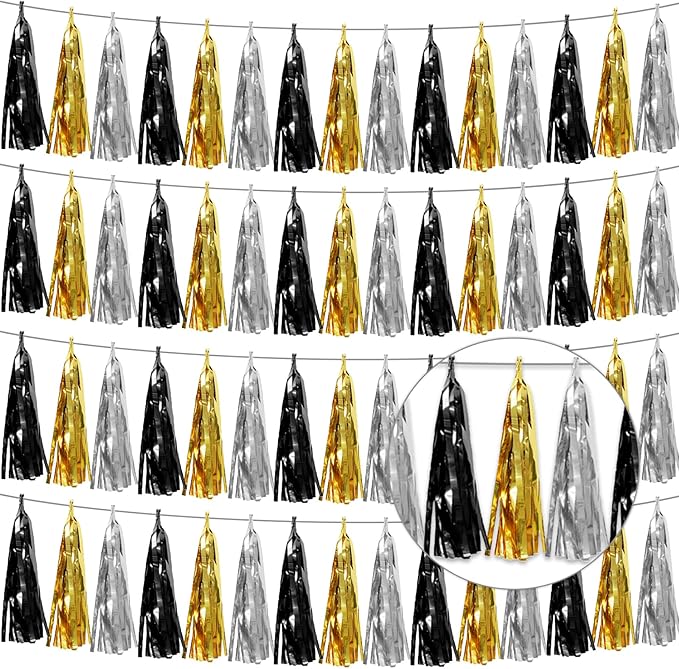 4P Black Gold Silver Foil Fringe Tassel Garland Banner Metallic Tinsel Streamers Wall Hanging Curtain Backdrop Banner for Parade Floats, 2025 Graduation Decorations,New Years Decorations, Father' Day