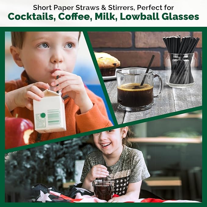 Paper Straws, Solid Black Cocktail Straws, 5.75 Inch Wrapped, 400 Count