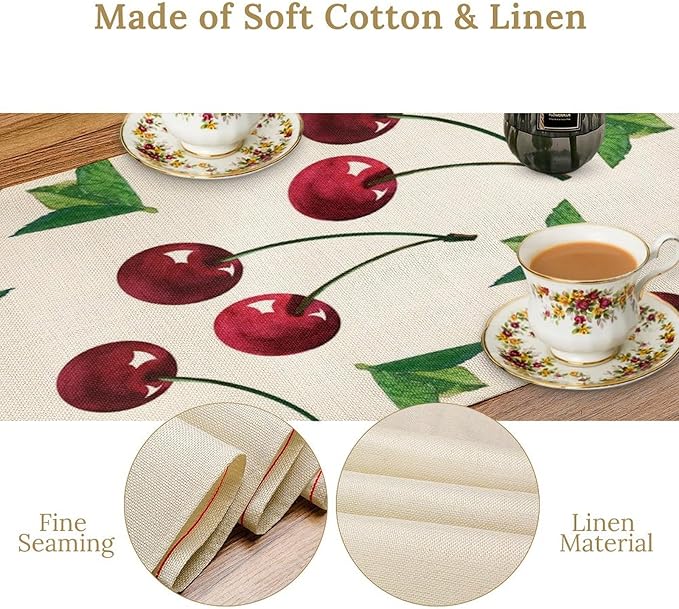 Red Cherry Table Runner Watercolor Tropical Fruit Spring Summer Wild Berry Dinner Runner for Girl Baby Party Holiday Home Kitchen Dining Table Decor 13x90