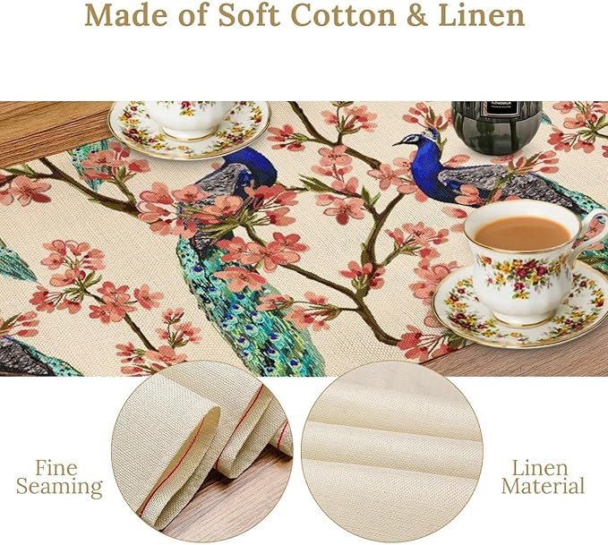 Peacock Table Runner,Spring Floral Peacock Birds Table Runner for Home Kitchen Dining Party Indoor Outdoor Decoration 13x60 Inch