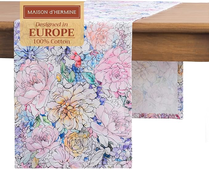 Maison d' Hermine Table Runner 100% Cotton Single Layer Table Runners 108 inches Long Decorative for Home Kitchen Dining Party Wedding Bridal Shower Spring Summer (Floral Love, 14.50" x 108")