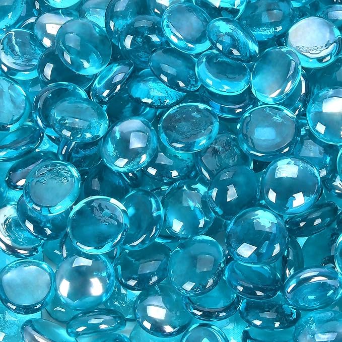 Fire Glass, Caribbean Blue Fire Rocks for Propane Firepit, Fireplace and Outdoor Decorative. 3/4 High Luster Round Glass Rocks, 10LB