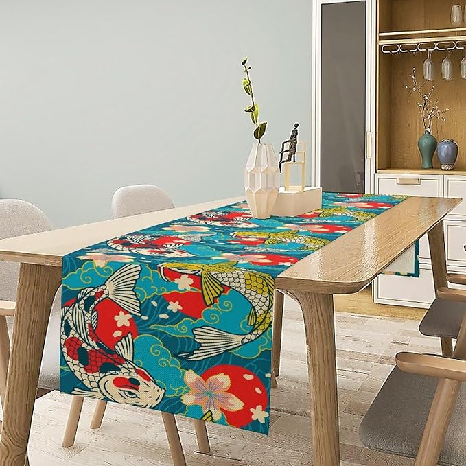Japanese Kio Fish Table Runner Oriental Tradition Cherry Art Printed Burlap Runner Home Kitchen Dining Table Living Room Decor Fabric 1 Panel W13xL90in