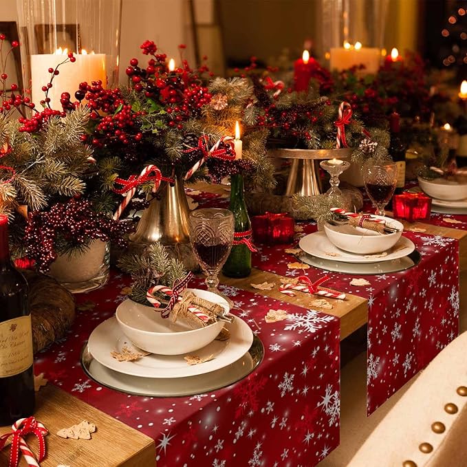 Christmas Snowflakes Cotton Linen Table Runner for Dining Kitchen, Red Xmas Winter Snow Wedding Outdoor Party Tablerunners Decoration, New Year Dresser Scarf Coffee Tablecloth Runners 13x48 Inches
