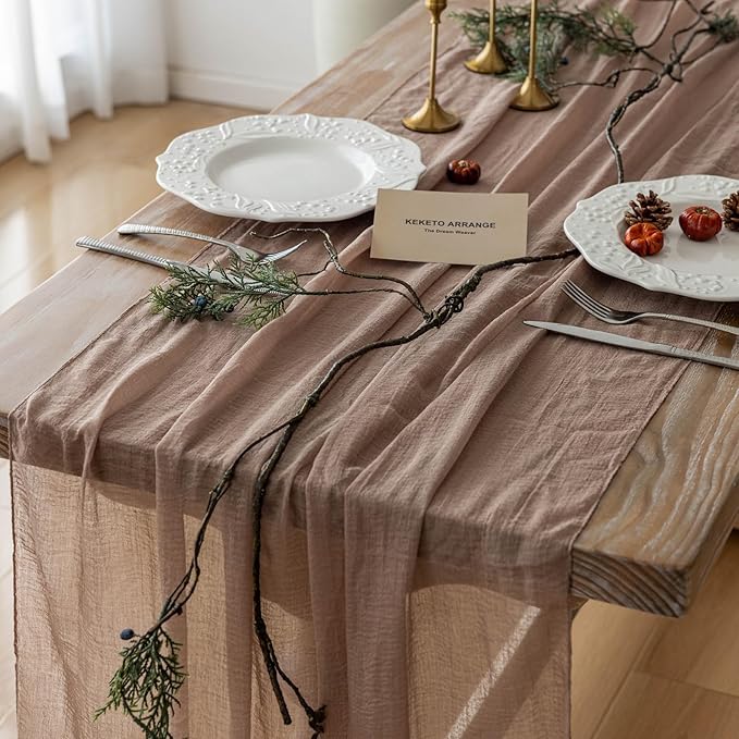 Cheesecloth Table Runner Nude Gauze Rustic Boho Coffee Cheese Cloth 120 Inch 10 FT for Wedding Baby Shower Bridal Shower Birthday Party Long Sheer Farmhouse Home Decorations