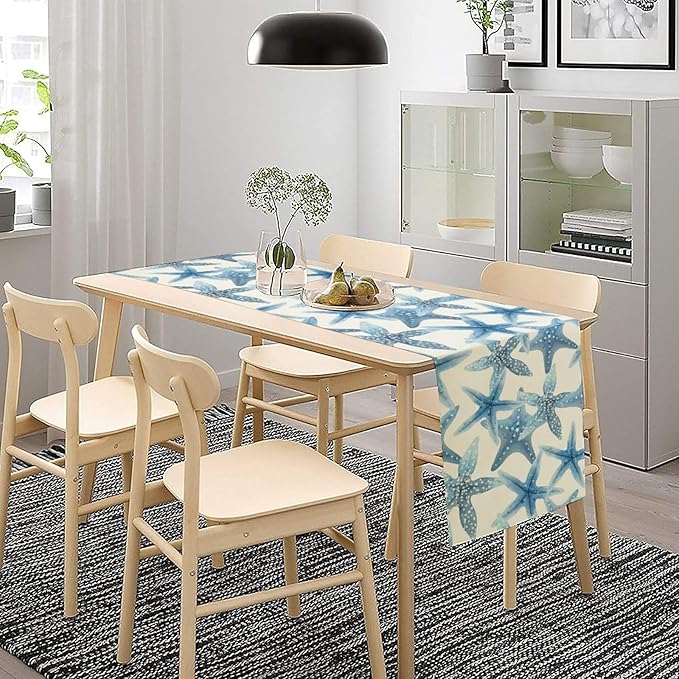 Starfish Plaid Table Flag Green Plaid and Marine Life Starfish Kitchen Table Flag Suitable for Birthday Party Restaurant Decoration Outdoor Picnic 13 * 70 Inch