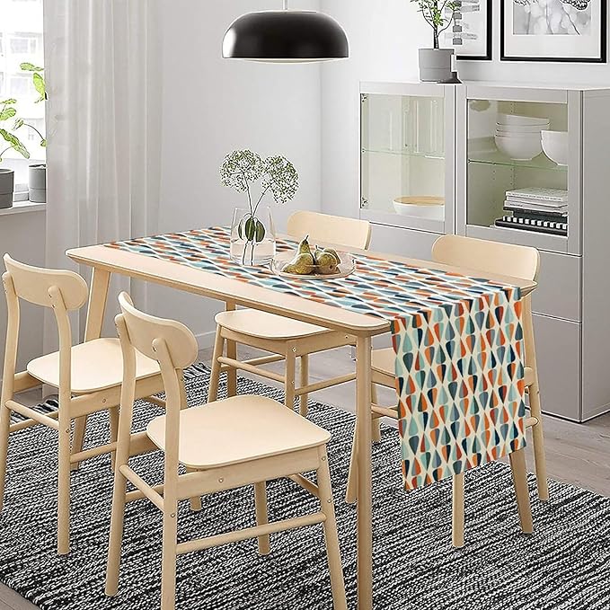 Mid Century Table Runner, Modern Style Retro Pattern Droplet Shapes Mosaic Tones Pattern Print for Home Kitchen Table Decor Dining Coffee Room Party Decor 13x120in