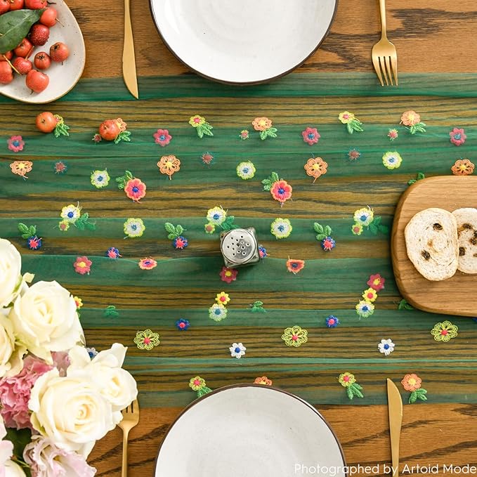 Artoid Mode 3PCS Dark Green Embroidery Daisy Gauze Table Runner 120 Inch 10FT, Seasonal Sheer Dining Holiday Wedding Birthday Table Decor for Home Party