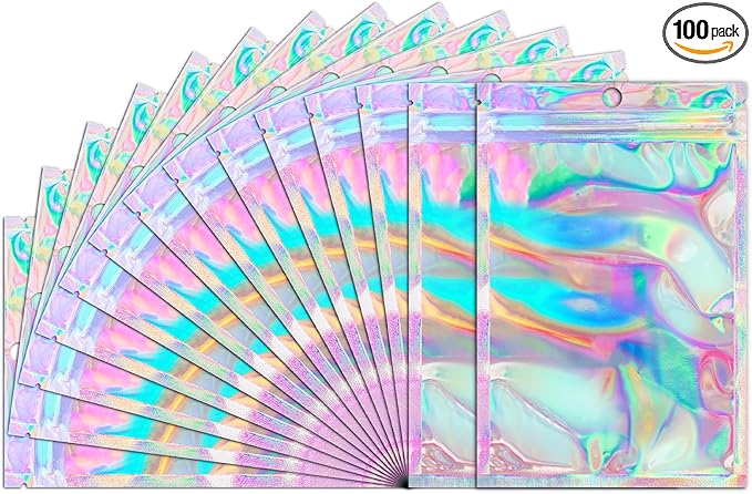 Funfery 100 Pack Smell Proof Holographic Bags Clear Resealable Bags,Mylar Foil Bag with Zipper,Seal Pouch Packaging Bag for Food Storage,Candy,Party Favor Sample Business Supplies(2.4x3.9in)