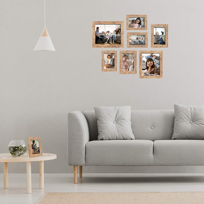 5x7 Picture Frame Set of 4, High Definition Real Glass Rustic Brown Frame, 5 x 7 Wood Photo Frames for Tabletop Display and Wall Mounting