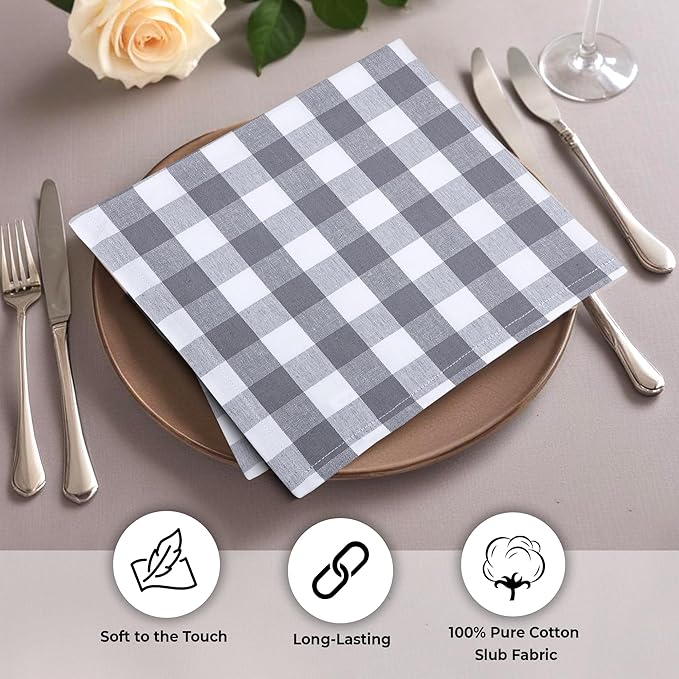 Cloth Dinner Napkins Set of 6, Grey Checkered Cotton, 20x20 Inch