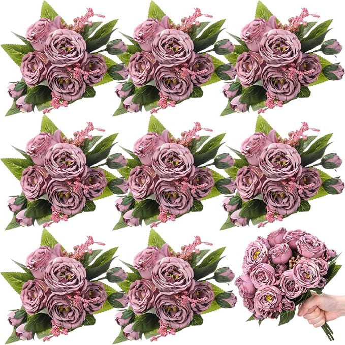 8 Bundles Artificial Peonies Flowers Boho Faux Flowers Arrangements Artificial Centerpiece Spring Bouquet Floral Wedding Decoration for Vase(Dark Purple)