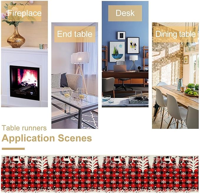 Christmas Table Runner,Red Black Plaid Xmas Snowflakes Deer Trees Print Tablecloth Burlap for Hotel Indoors Outdoor Dining Room Kitchen Home Decor,W13X L90 in