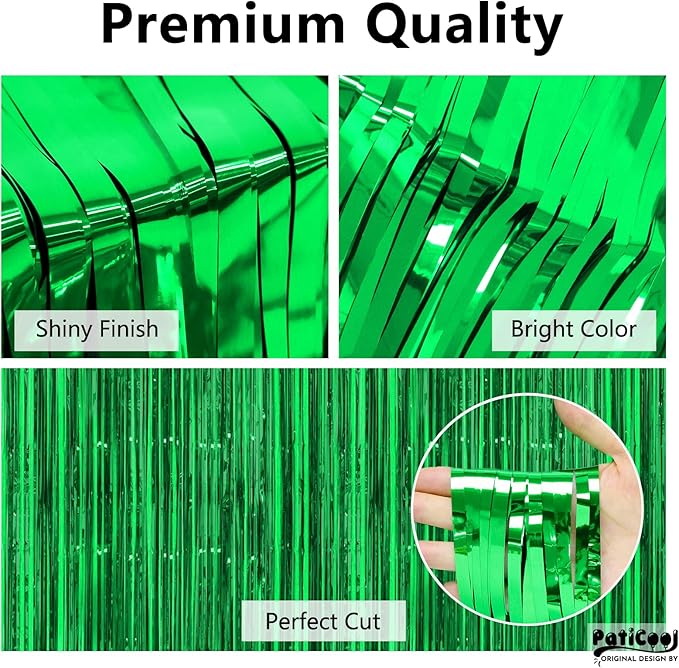 Streamers Party Backdrop Curtains, Green Metallic PET, 4 Pack 3.2 x 8.2 FT