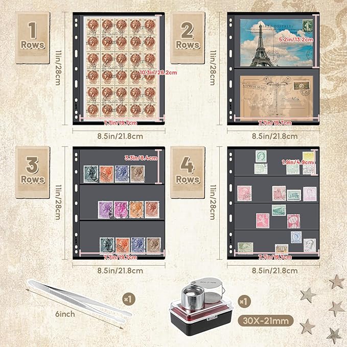 Lewtemi Stamp Collecting Albums Set Stamp Collection Book Include 20 Pages Album Binder Tweezer and Loop Magnifier Collecting Supplies for Collectors(Brown,1/2/3/4 Rows)
