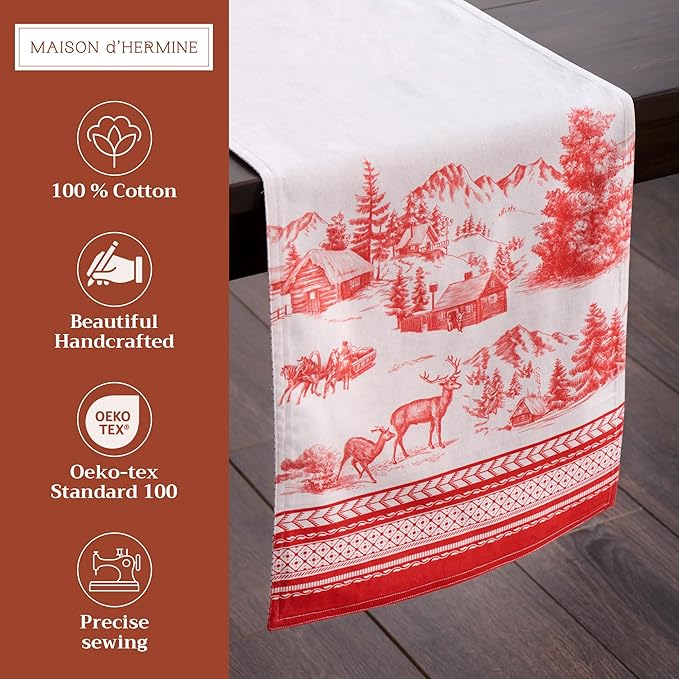 Maison d' Hermine Table Runner 100% Cotton Double Layer Table Runners 72 inches Long for Thanksgiving Christmas Decorations Home Kitchen Dining Party Wedding (Winter Jouy, 14.5" x 72")