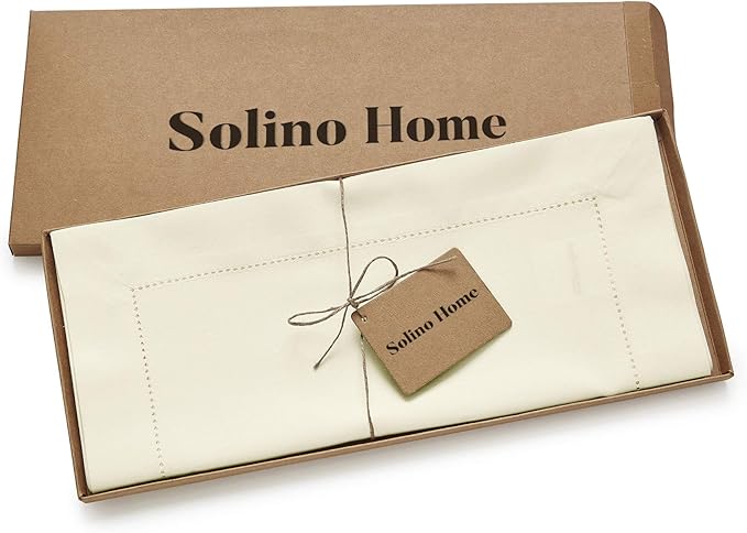 Solino Home Ivory Table Runner 108 Inches Long - Cotton Linen Hemstitch 14 x 108 Inch Table Runner for Dining, Fall, Autumn, Thanksgiving, Holiday