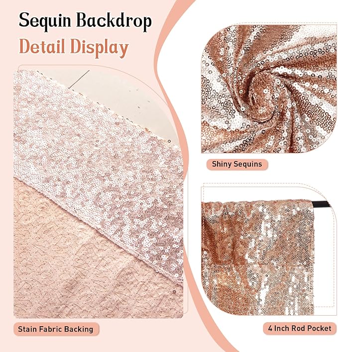 SquarePie Sequin Backdrop Not See Through Thick Background Curtain Party 10FT x 10FT Rose Gold