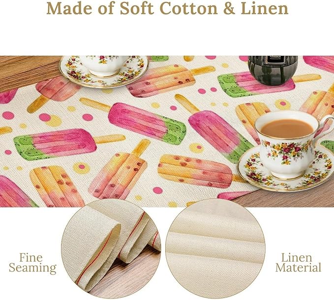 Ice Cream Popsicles Table Runner, Watercolor Summer Seasonal Fruit Peach Kiwi Berry Popsicles Orange Pink Sweet Dessert Dinner Runner for Party Holiday Home Kitchen Dining Table Decor 13"x70"