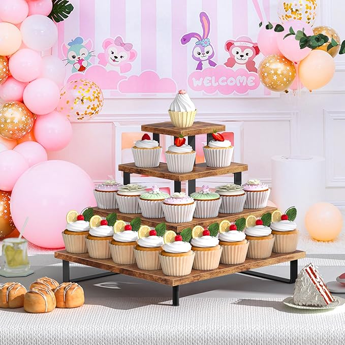 ELITEROO Wooden Cupcake Stand, Tiered Cupcake Display Tower Stand for 24 Cupcakes, Dessert Table Display Set, Buffet Risers Food Stands for Display Party Baby Shower, Rustic Brown Right Angle Corner