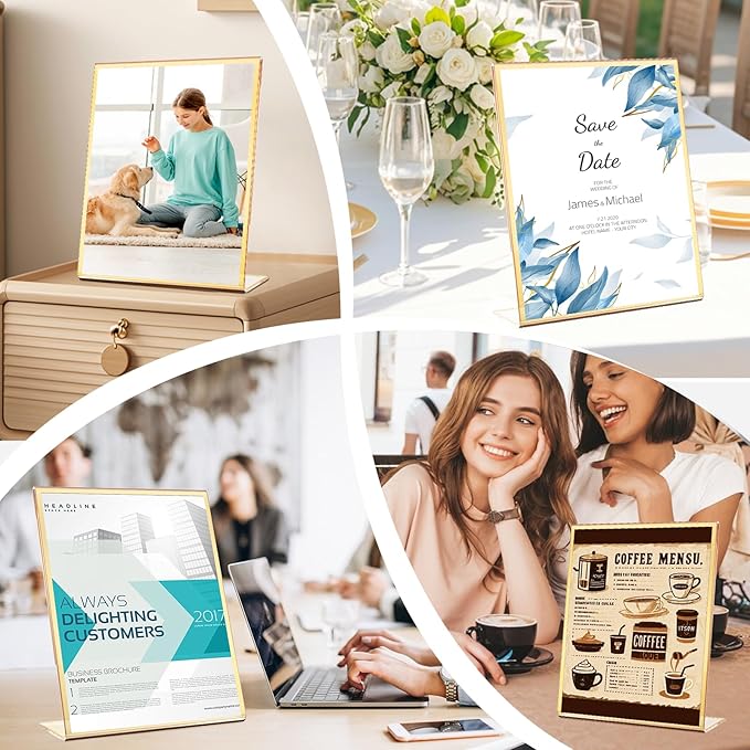 Acrylic Gold Frames 5 x7, Slanted Back Gold Picture Frames Table Acrylic Sign Holder for Photos Wedding Table Numbers and Art Display with Removable Clear Sticky Dots,3 Pack