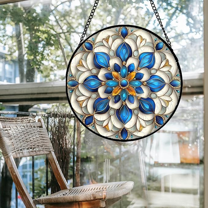 Stained Glass Window Hanging - Blue and White Abstract Flowers Suncatcher for Door Terrace Garden Home Decor, Gold Sun Catcher Birthday Gifts for Lovers Women Men Dad Mom Nana 6.3 in