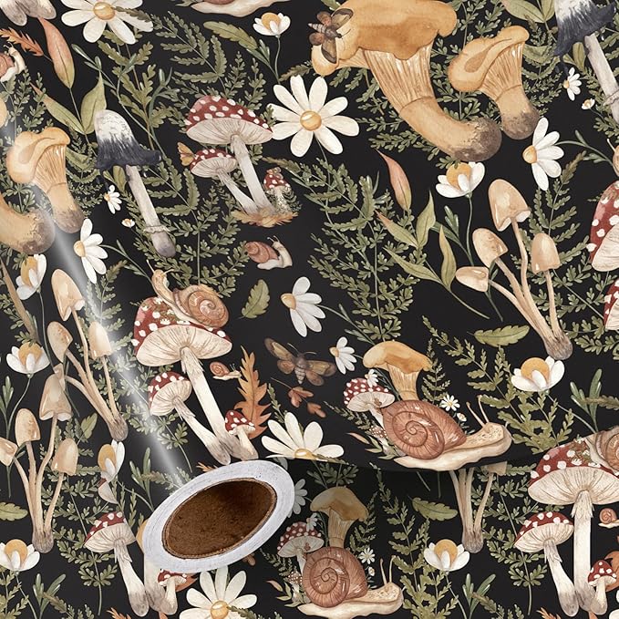 RUSPEPA Forest Mushroom Wrapping Paper Roll, Mini Roll, Woodland Squirrel and Snail Design, Black Nature Gift Wrap for Fall, Birthday, Thanksgiving Party, 17 Inches x 16.4 Feet