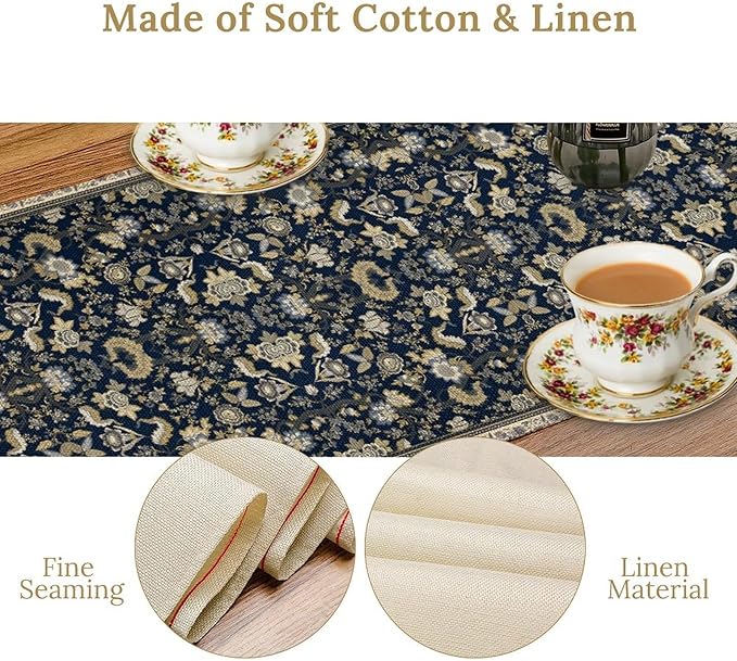 Vintage Boho Floral Table Runner, Morris Rustic Country Farmhouse Dark Blue Grey Retro Flower Pattern for Home Kitchen Table Decor Dining Coffee Room Party Decor 13x120in