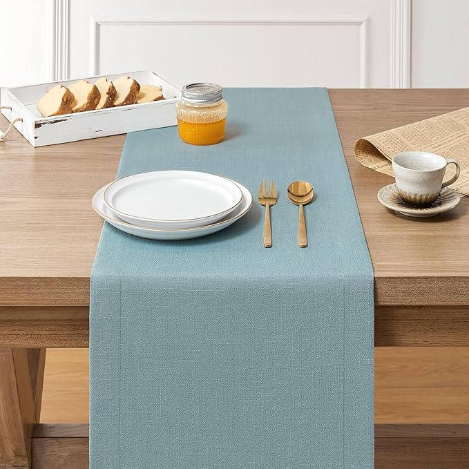 ZeeMart Linen Textured Border Table Runner, 14 x 48 Inch Blue, Farmhouse Style Dusty Blue Table Runners 48 Inches Long, Easy Care Everyday Polyester Table Runner
