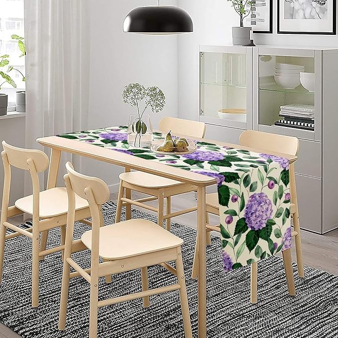 Spring Hydrangea Flower Table Runner, Seasonal Summer Plants Eucalyptus Leaves Purple Florals Dinner Runner for Home Kitchen Dining Table Party Holiday Decoration 13"x90"