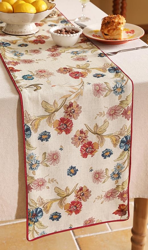 patdrea Designer Farmhouse Linen Thick Table Runner, Rustic Cottage Beige with Floral Pattern Fabric Table Mat, Decoration for Kitchen Dining Thanksgiving New Year Banquet Christmas, 12"*87"