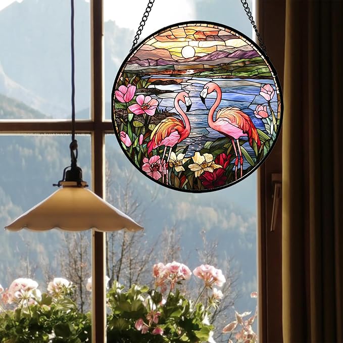 Stained Glass Window Hanging - Flamingo Wildflowers Landscape Suncatcher for Door Terrace Garden Home Decor Sunset Lake Sun Catcher Birthday Gifts for Lovers Women Men Dad Mom Nana 15 in