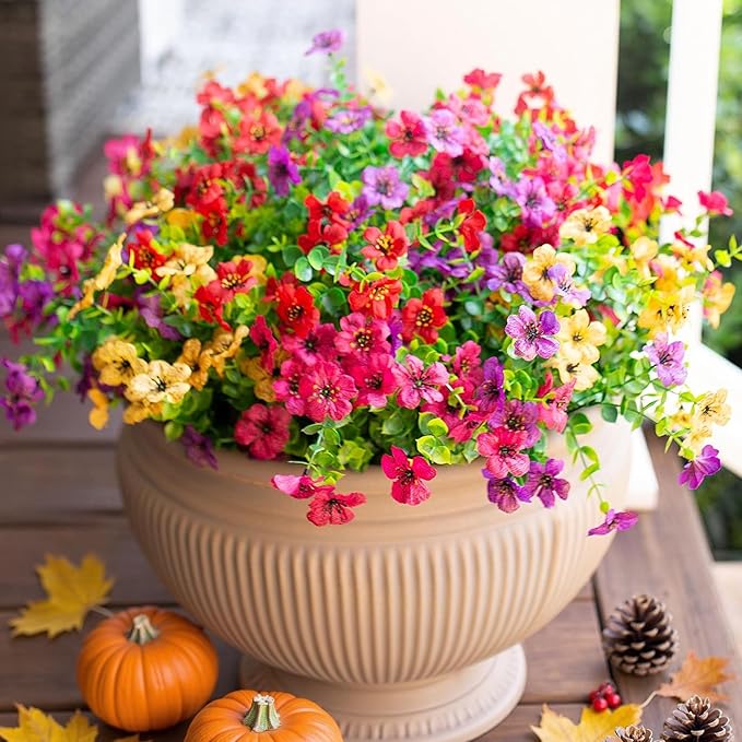 HyeFlora Artificial Flowers for Outdoor Indoor Garden Home Decoration, Faux Flower Daisy with Eucalyptus Leaves Fake Plants Greenery Boxwood Porch Patio, 12 Bundles (Mix Pink Red Purple Yellow)