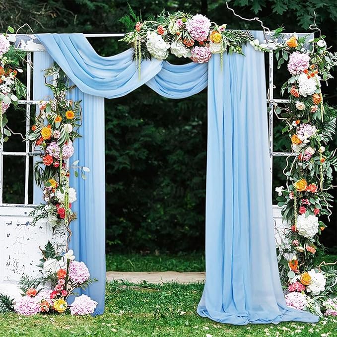 Baby Blue Chiffon Wedding Arch Drapes, 2 Transparent Panels, 20 Ft Long