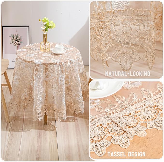 Round Embroidered Lace Tablecloth Vintage Decorative Exquisite Border Table Cover for Party Wedding Home Decorations, Round-35, Beige