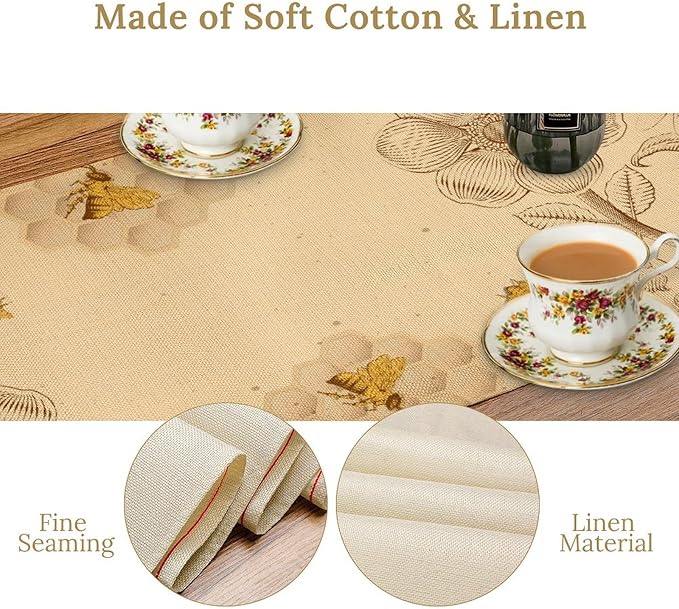 Vintage Bee Table Runner, Rustic Retro Wildflowers Print Home Farmhouse Table Cover for Party Indoor Outdoor Decoration Kitchen Dining Table Decor, 13x60inch