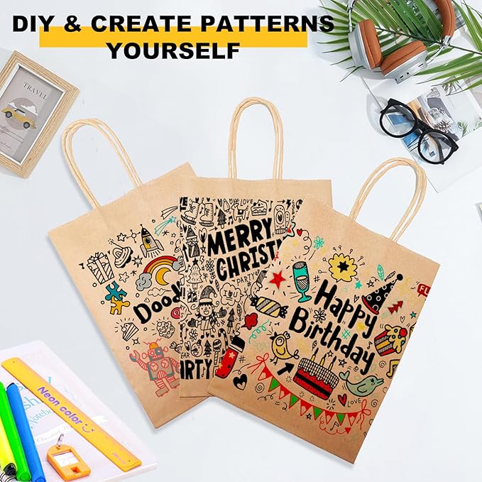BAG BOX 50 Pack 5.9x3.1x8.25 Inch Brown Gift Bags with Handles,Bulk Kraft Paper Bags for Shopping, Retail, Merchandise, Wedding, Party Favors, Paper Grocery Sacks