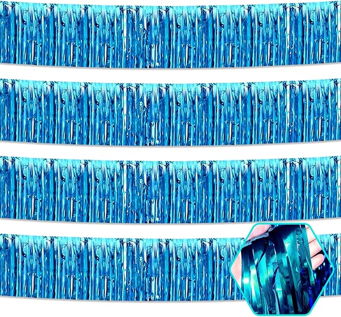 4 Pack 10 Feet Lake Blue Foil Fringe Garland Metallic Tinsel Streamers Banner Wall Hanging Curtain Backdrop for Parade Floats, Wedding, Graduate, Mother's Day, Birthday Party Decoration