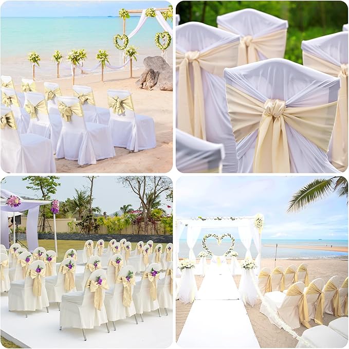 Chair Sashes, 100 Pack Champagne Satin Ties for Wedding Decor