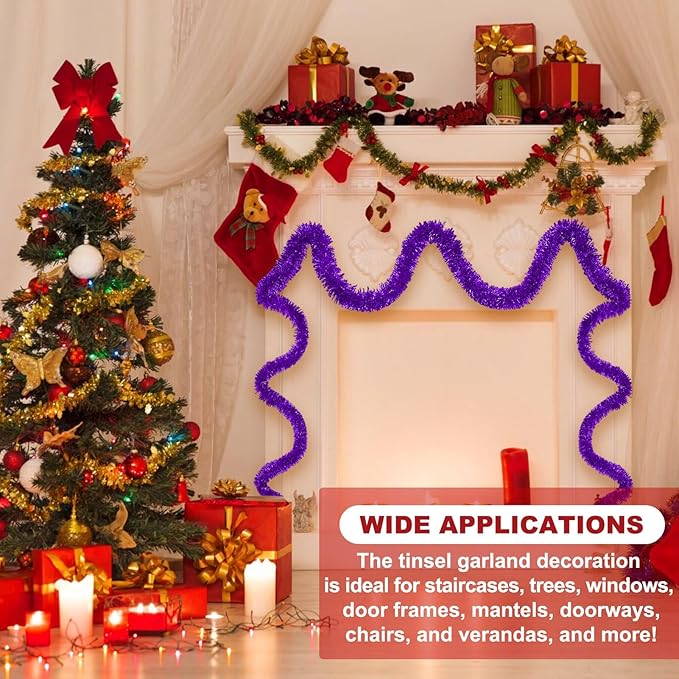 50 Feet Purple Christmas Tinsel Garland, Metallic Foil Twist Banner Wall Hanging Tinsel Streamers Backdrop for Parade Floats, Christmas, Mother's Day, Birthday Party Decorations(2in x 50ft)