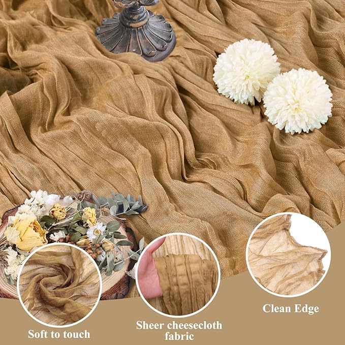 Asee'm Cheesecloth Table Runner 120 Inches Long Khaki Boho Gauze Cheese Cloth Runner 10FT Rustic Sheer Fall Table Runners for Thanksgiving Christmas Wedding Party Baby Shower Decoration