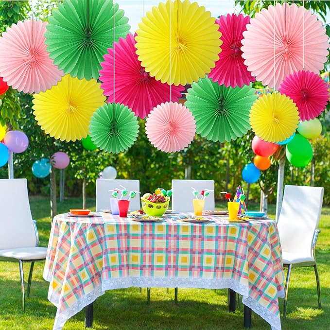 24 Pcs Colorful Paper Fans Party Hanging Decorations Rainbow Classroom Wall Decor Pink Green Rose Red Yellow Background Ceiling Decor for Birthday Wedding Baby Bridal Shower Engagement