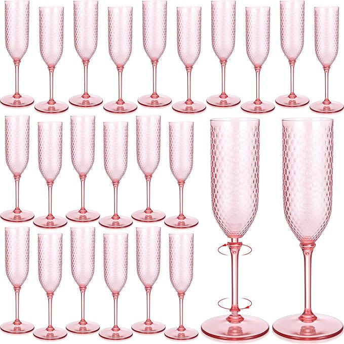 Champagne Glasses 48 Pack, 5.5 oz Pink Plastic Flutes with Detachable Stems