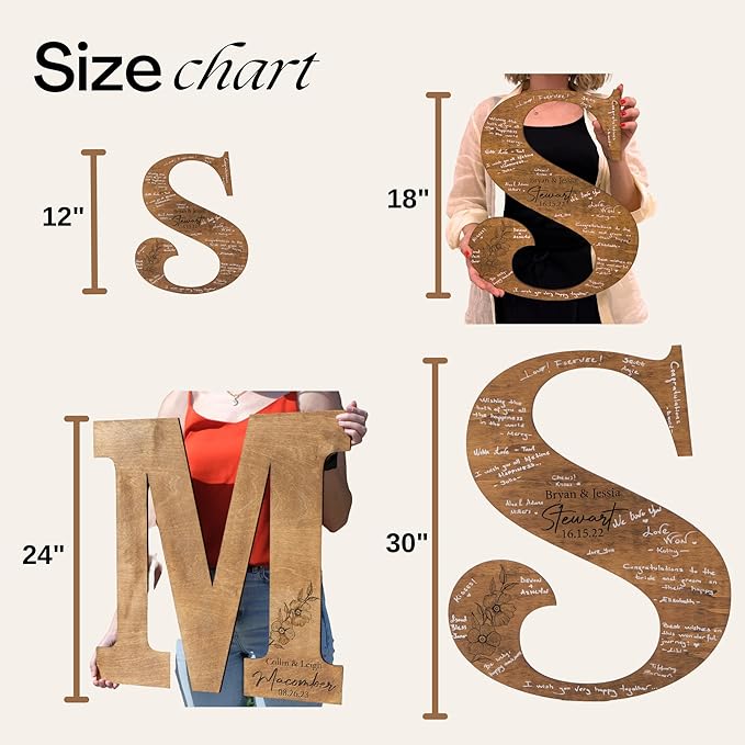 Decorative Wood Wedding Guest Book Sign with Pen, 12 to 30 Inch Letters