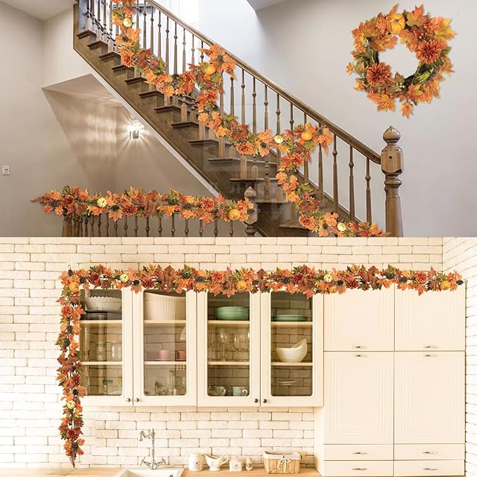 Fall Maple Leaf Garland 6 Ft Artificial Vine with Pumpkins