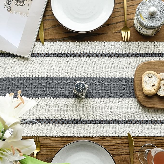 Artoid Mode Dark Grey Farmhouse Woven Rustic Table Runner, Seasonal Holiday Hollow Kitchen Dining Table Decoration for Home Party Decor 12x108 Inch