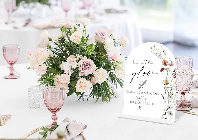 Boho Floral Let Love Glow Sign, 6 x 8 Inch White Arch Acrylic Wedding Sign with Holder, Wedding Sign for Ceremony and Reception, Wedding Decoration, Wedding Supplies - BX13